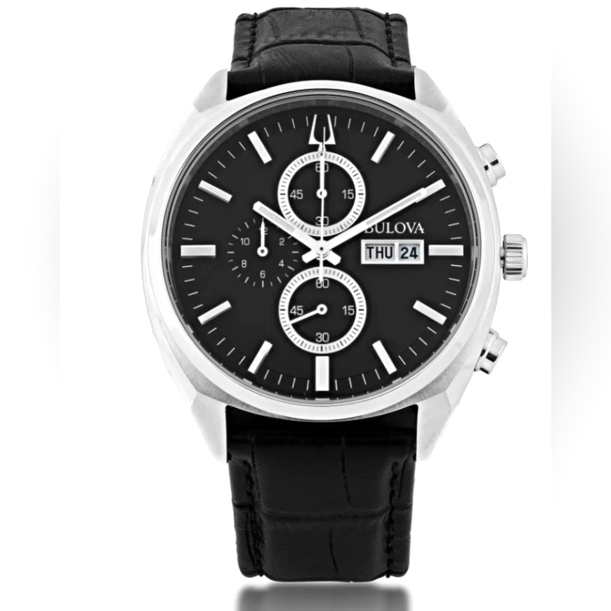 Bulova Mens Black Leather Chronograph Watch With Black Dial Daydate